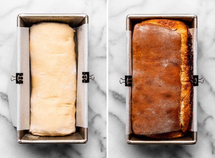 two photos showing How to Make Cinnamon Swirl Bread - in a baking pan before and after baking
