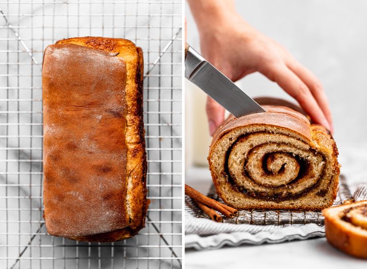 two photos showing How to Make Cinnamon Swirl Bread - on a cooling rack, then being cut into slices