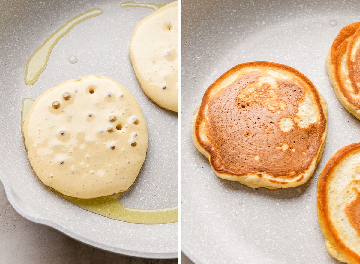 two photos showing how to make pancakes with homemade pancake mix