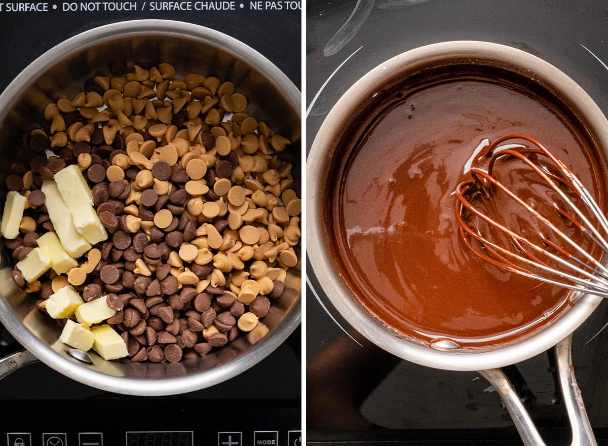 two photos showing how to make the topping for scotcheroos 