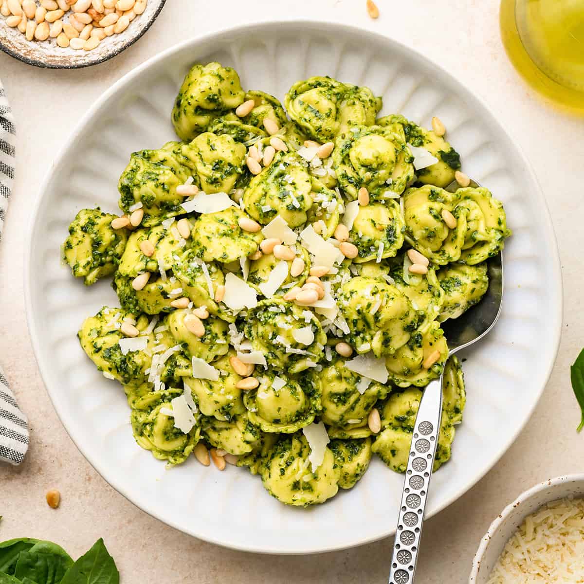 Pesto Tortellini  on a plate with a fork