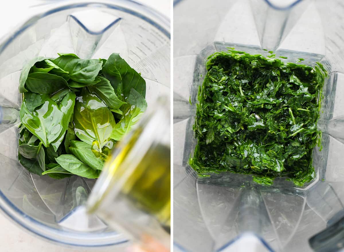 2 photos showing making pesto sauce in a vitamix blender