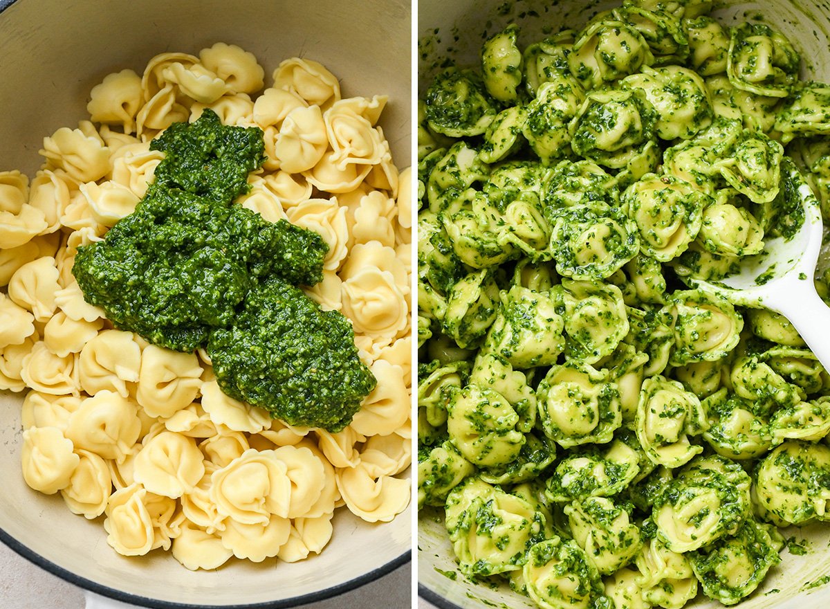 two photos showing how to make pesto tortellini - combining pesto and tortellini
