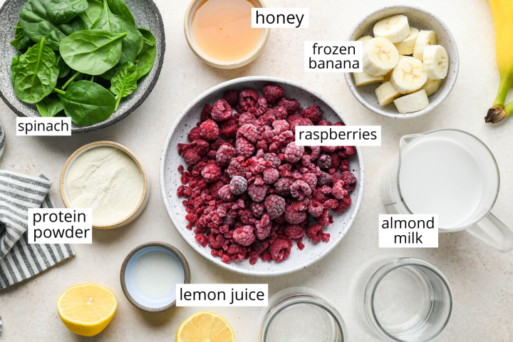 overhead photo of the ingredients in this Raspberry Smoothie recipe