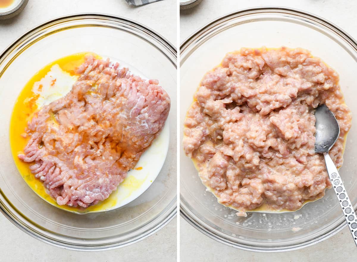 two photos showing How to Make Chicken Meatballs - combining the wet ingredients 