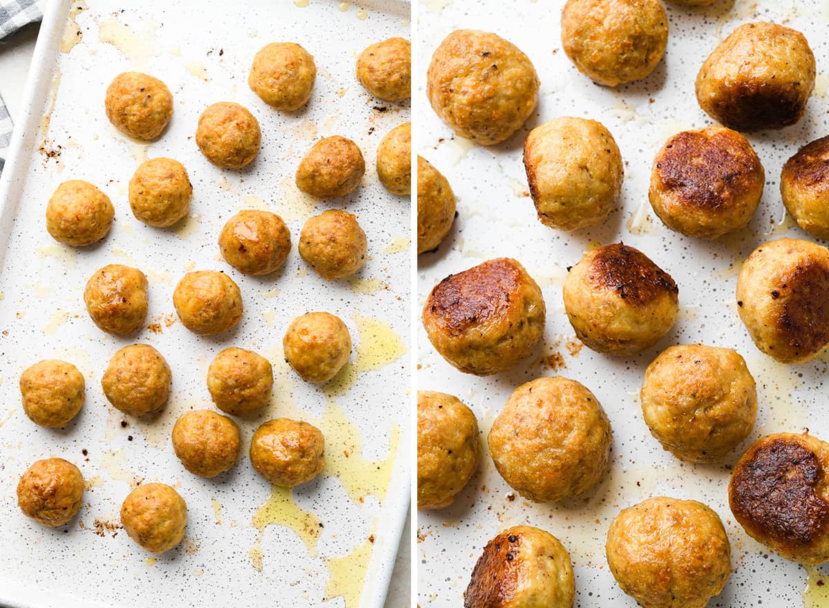 two photos showing chicken meatballs baked on a baking sheet