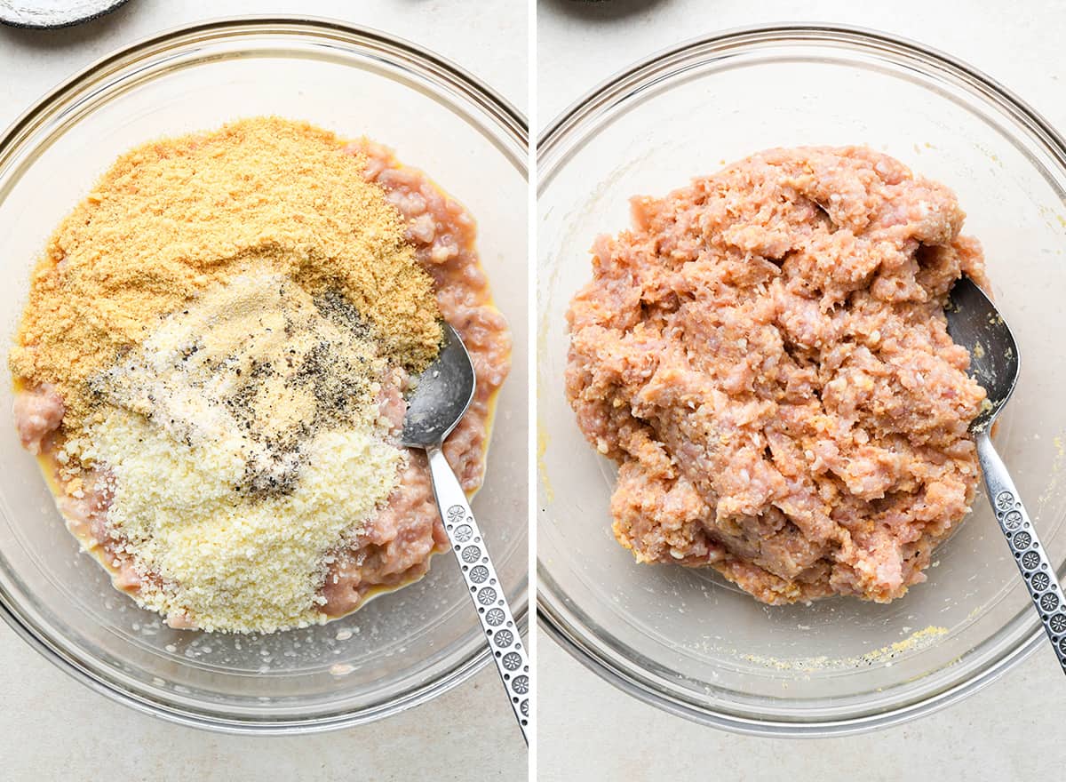 two photos showing How to Make Chicken Meatballs - adding dry ingredients