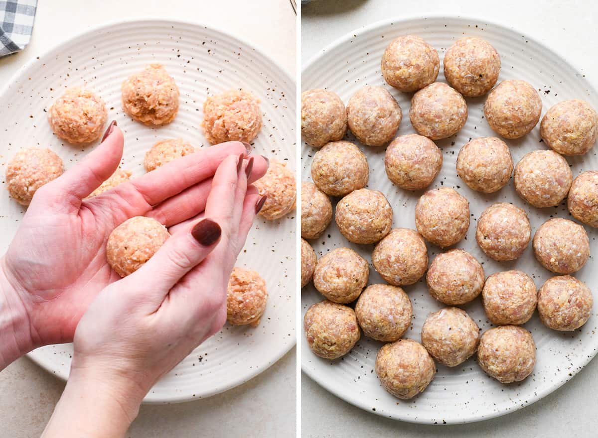 two photos showing how to roll chicken meatballs into balls