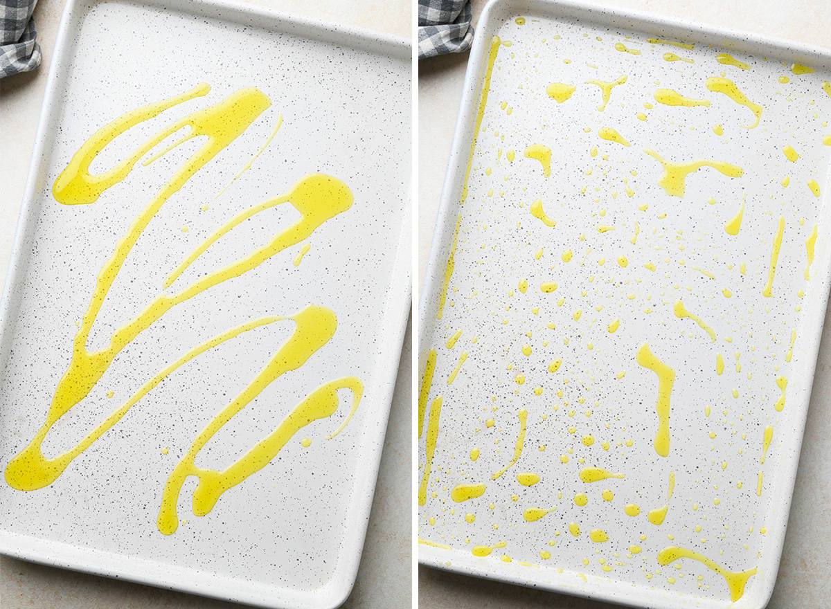 two photos showing a baking pan greased with olive oil