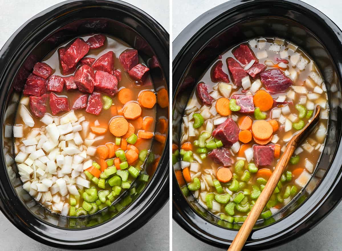 two photos showing how to make Beef and Barley Soup - adding ingredients to a slow cooker