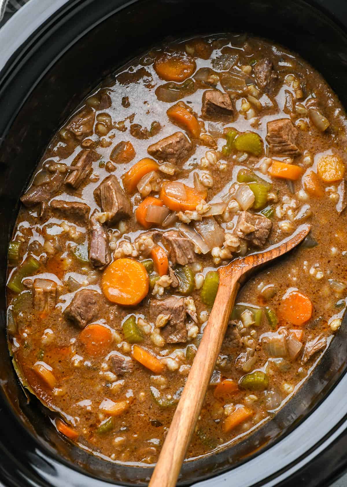 Beef and Barley Soup in a slow cooker after cooking