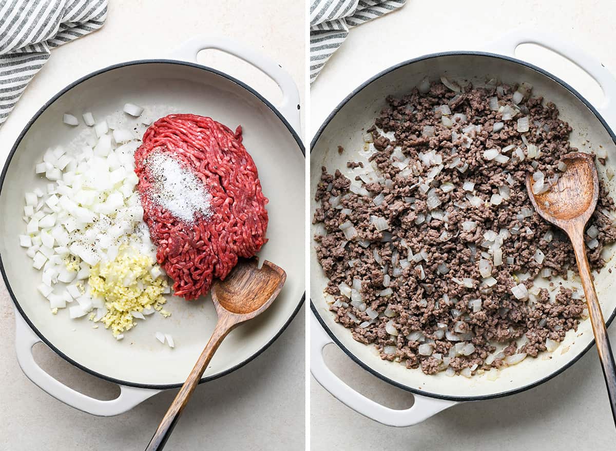 two photos showing how to cook the meat for beef lasagna