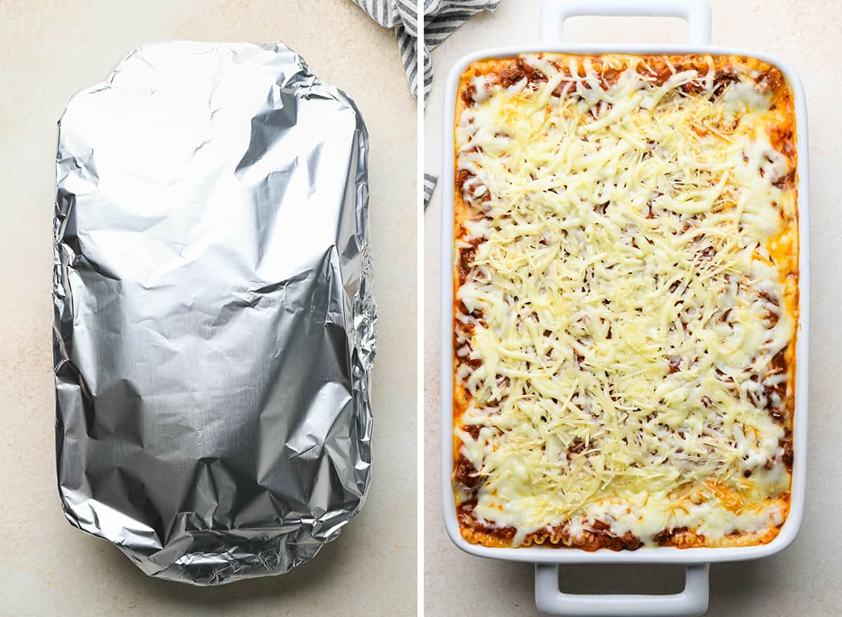 two photos showing beef lasagna before baking covered in foil, then after baking