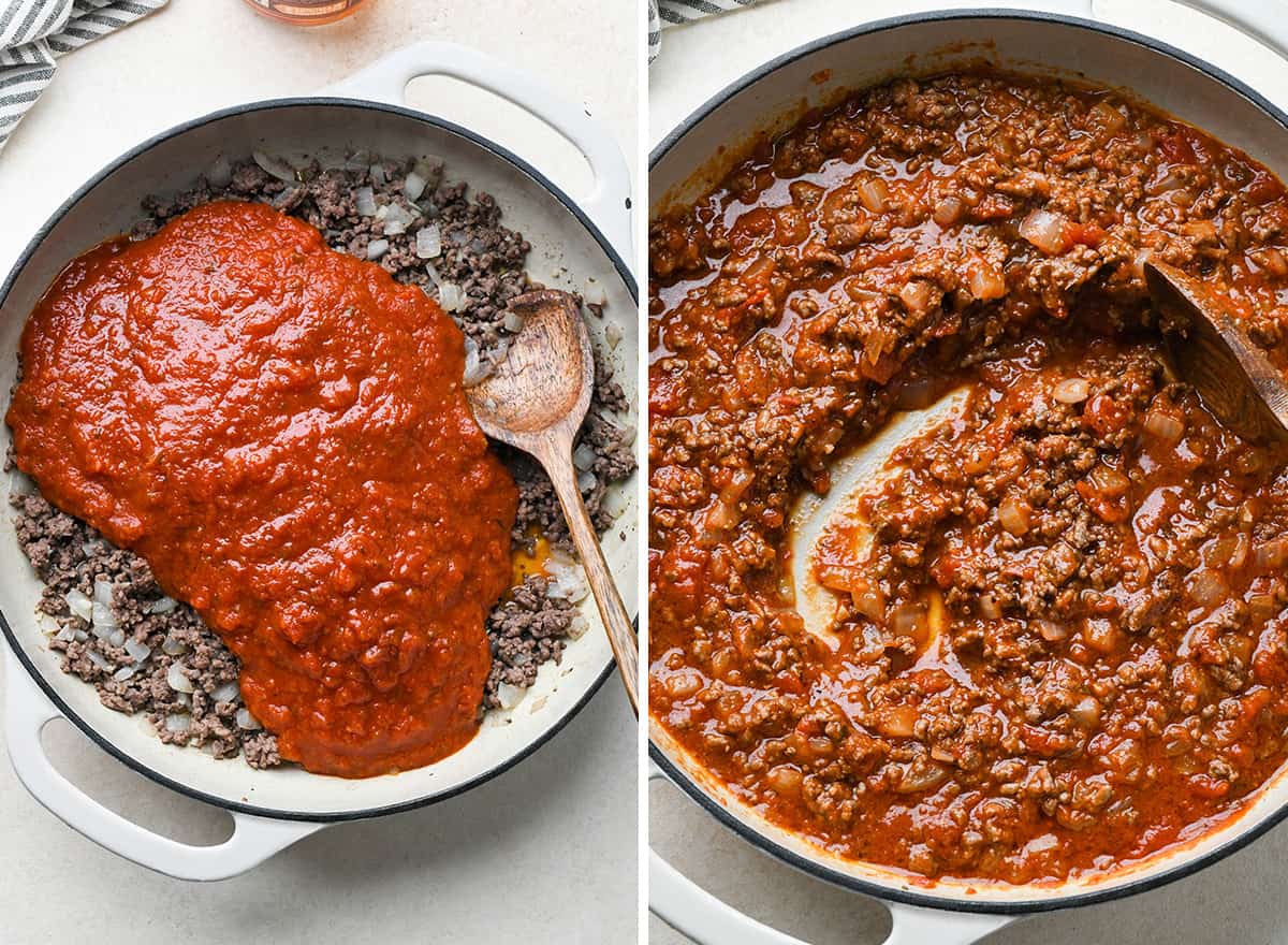 two photos showing how to make the beef marinara for meat lasagna