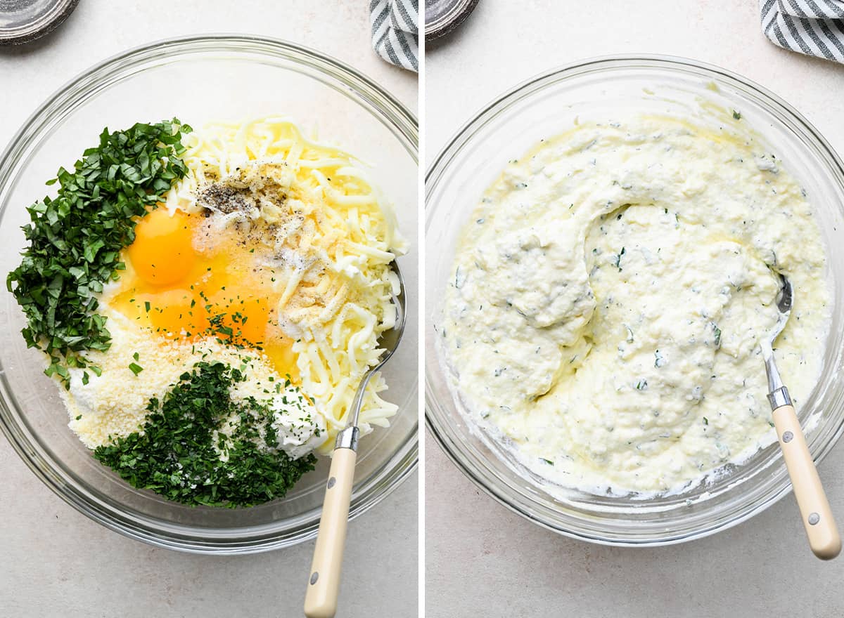 two photos showing how to make the ricotta filling for beef lasagna