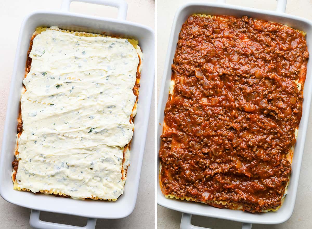 two photos showing how to assemble beef lasagna
