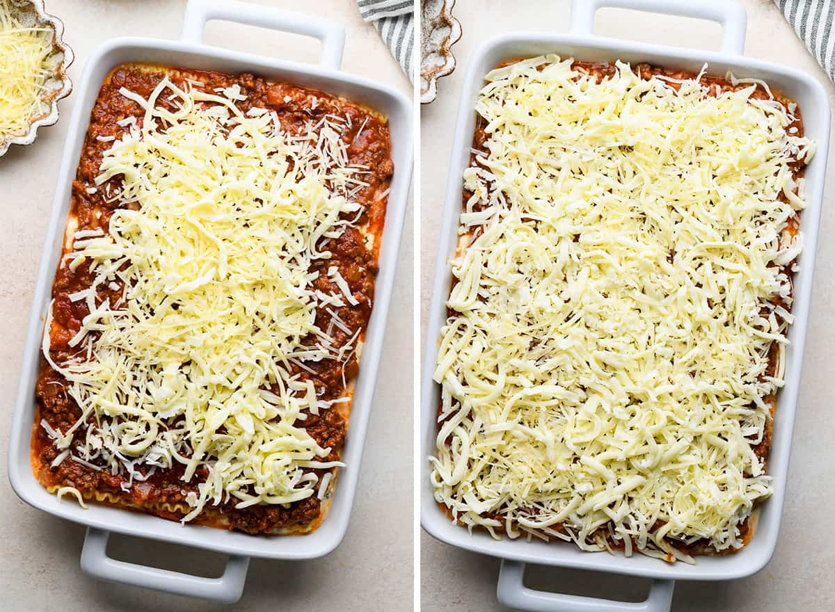 two photos showing How to Make Beef Lasagna - adding mozzarella cheese on top