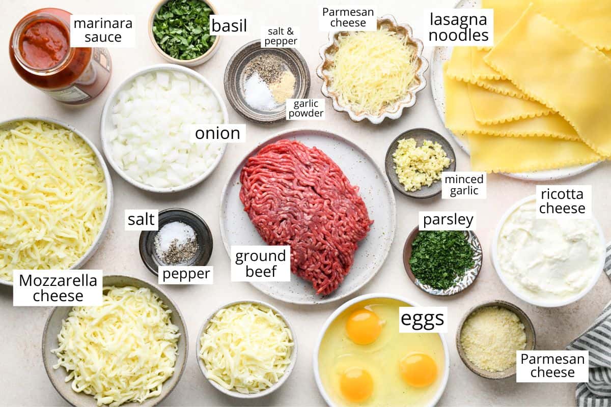 overhead photo of the ingredients in this Beef Lasagna recipe