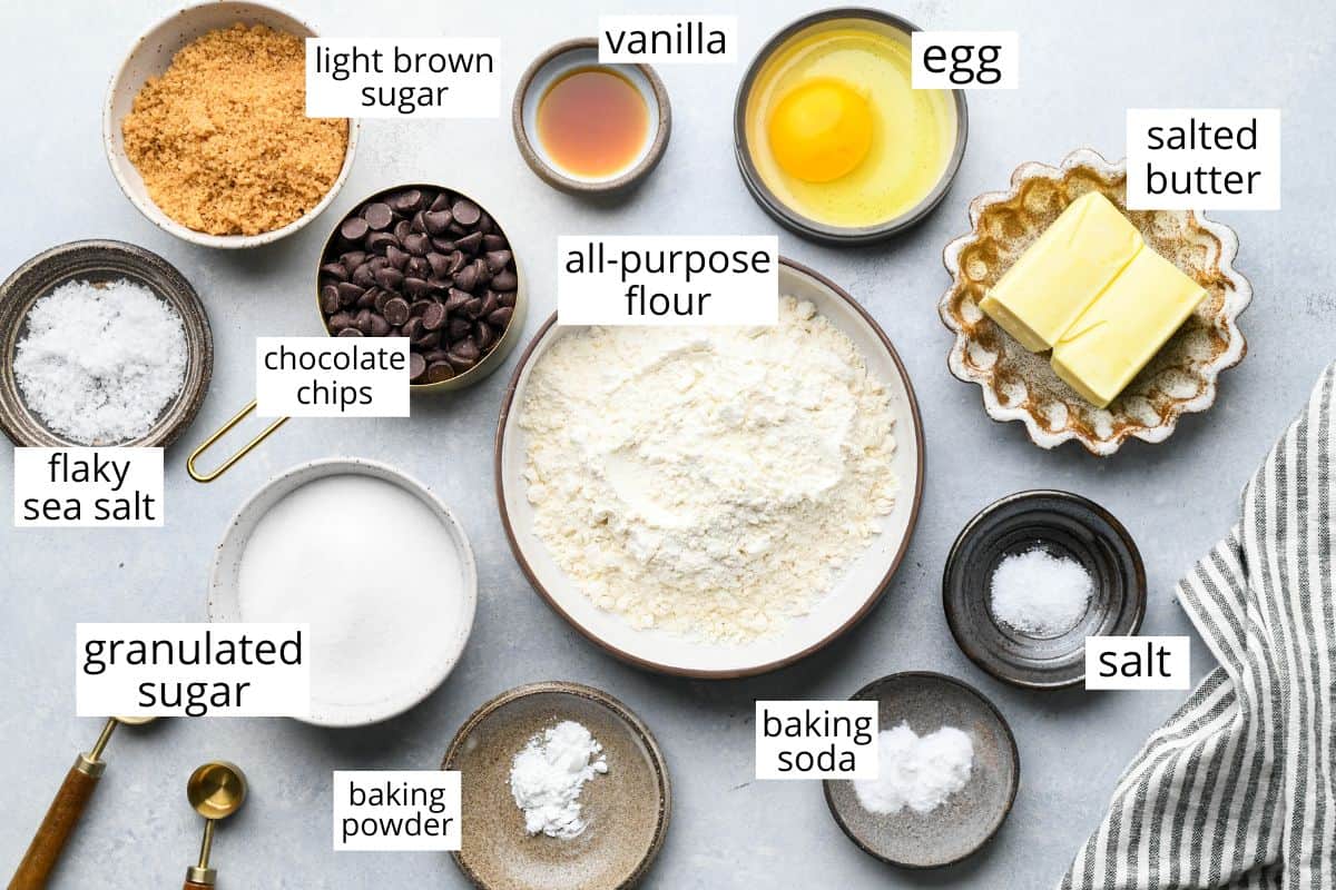 overhead photo of the labeled ingredients in this Brown Butter Chocolate Chip Cookies recipe