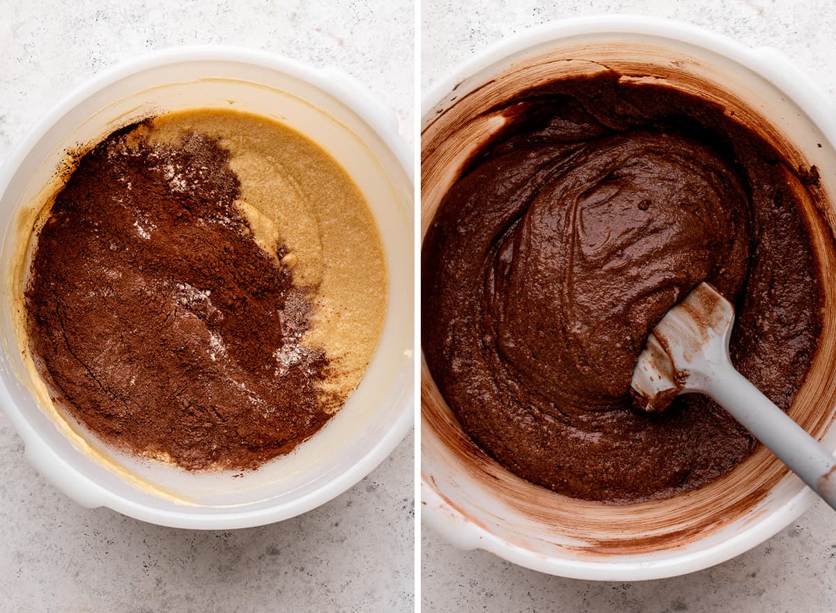 two photos showing how to make Brownie Pie - combining wet and dry ingredients 