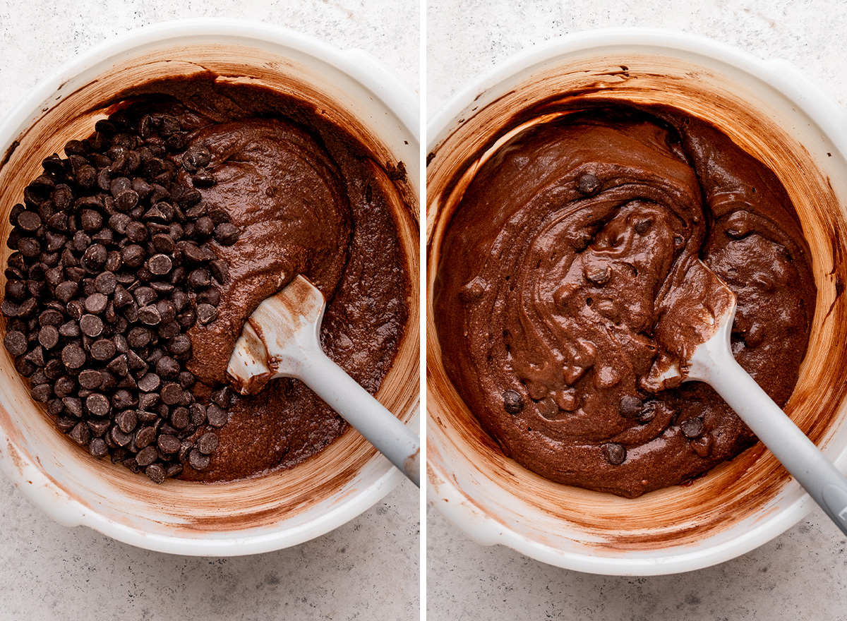two photos showing how to make Brownie Pie - adding chocolate chips