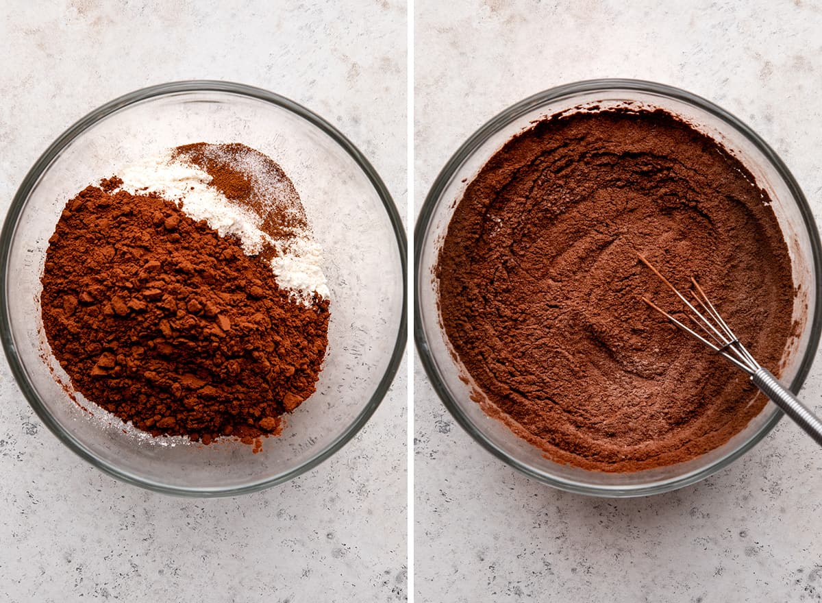 two photos showing how to make Brownie Pie - combining dry ingredients
