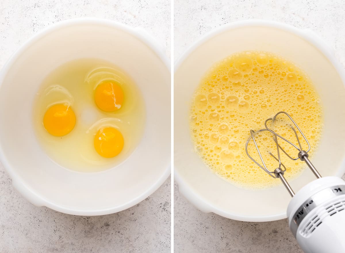 two photos showing how to make Brownie Pie - beating eggs