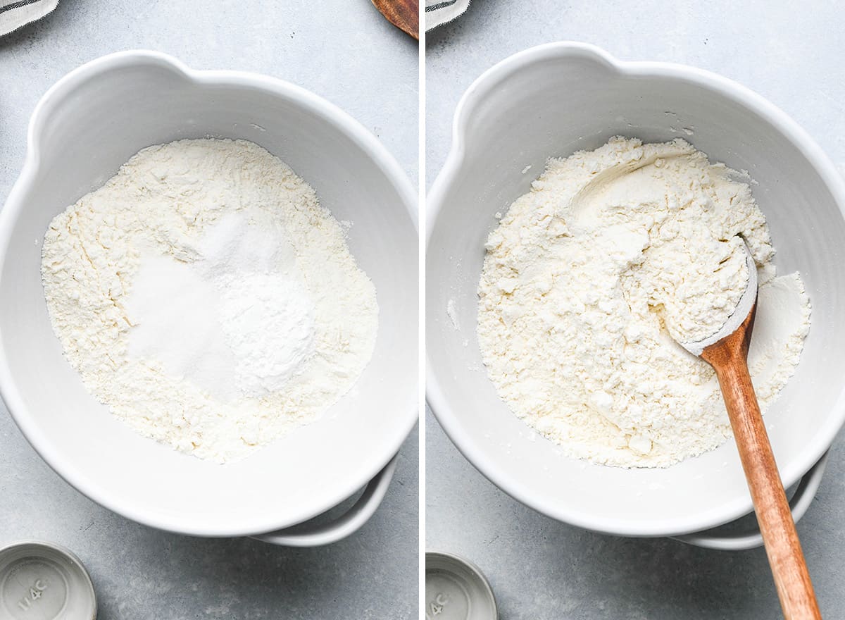 two photos showing how to make cheese biscuits - combining dry ingredients