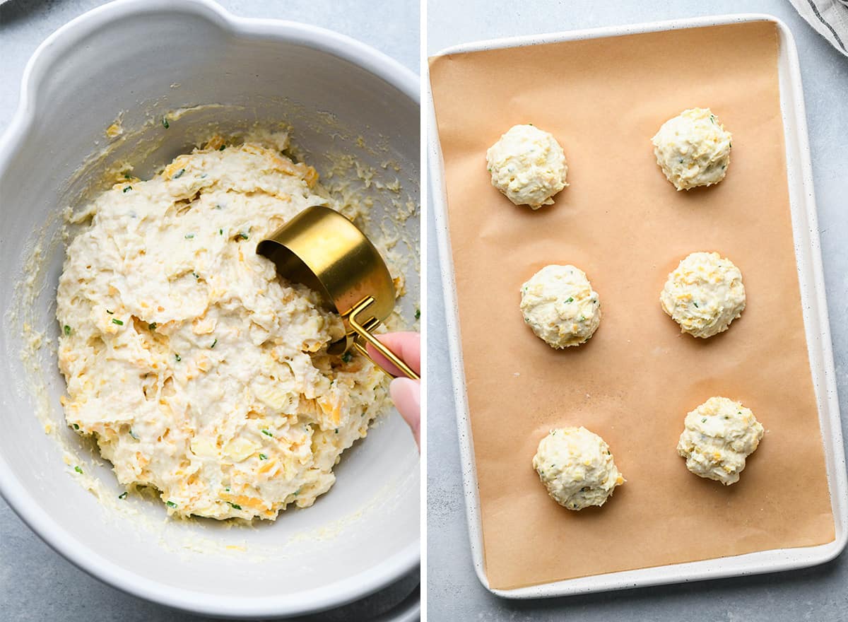 two photos showing how to make cheese biscuits - portioning dough onto baking sheet
