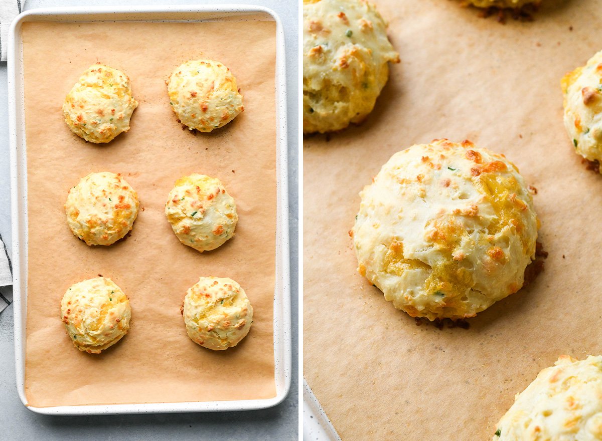 two photos showing cheesy biscuits on a baking sheet