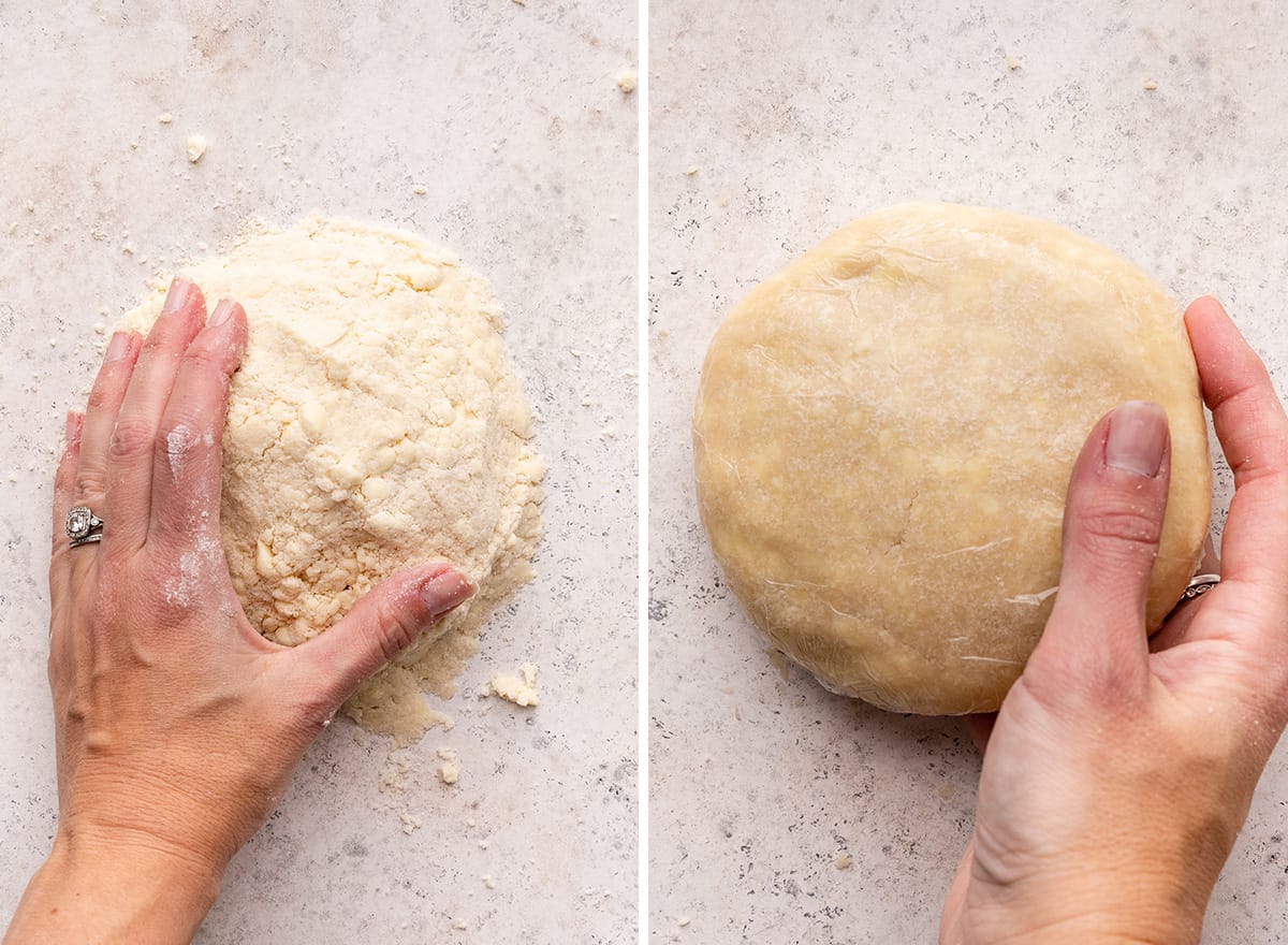 two photos showing how to make pie crust in a food processor for this cookie pie recipe. 