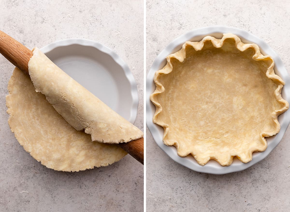 two photos showing how to make pie crust in a food processor for this cookie pie recipe - forming it into the pie dish. 