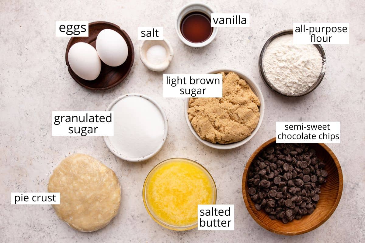 overhead photo of the ingredients in this Chocolate Chip Cookie Pie recipe