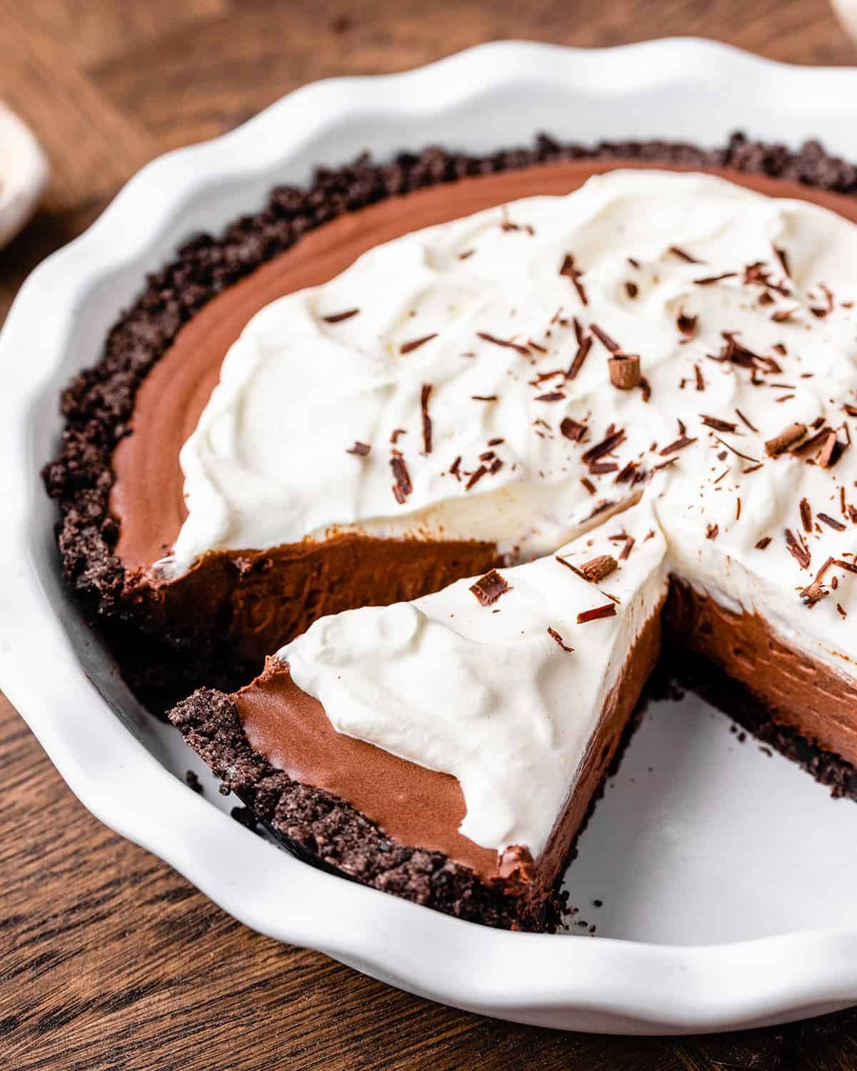 Chocolate Pudding Pie  with a slice cut out of it