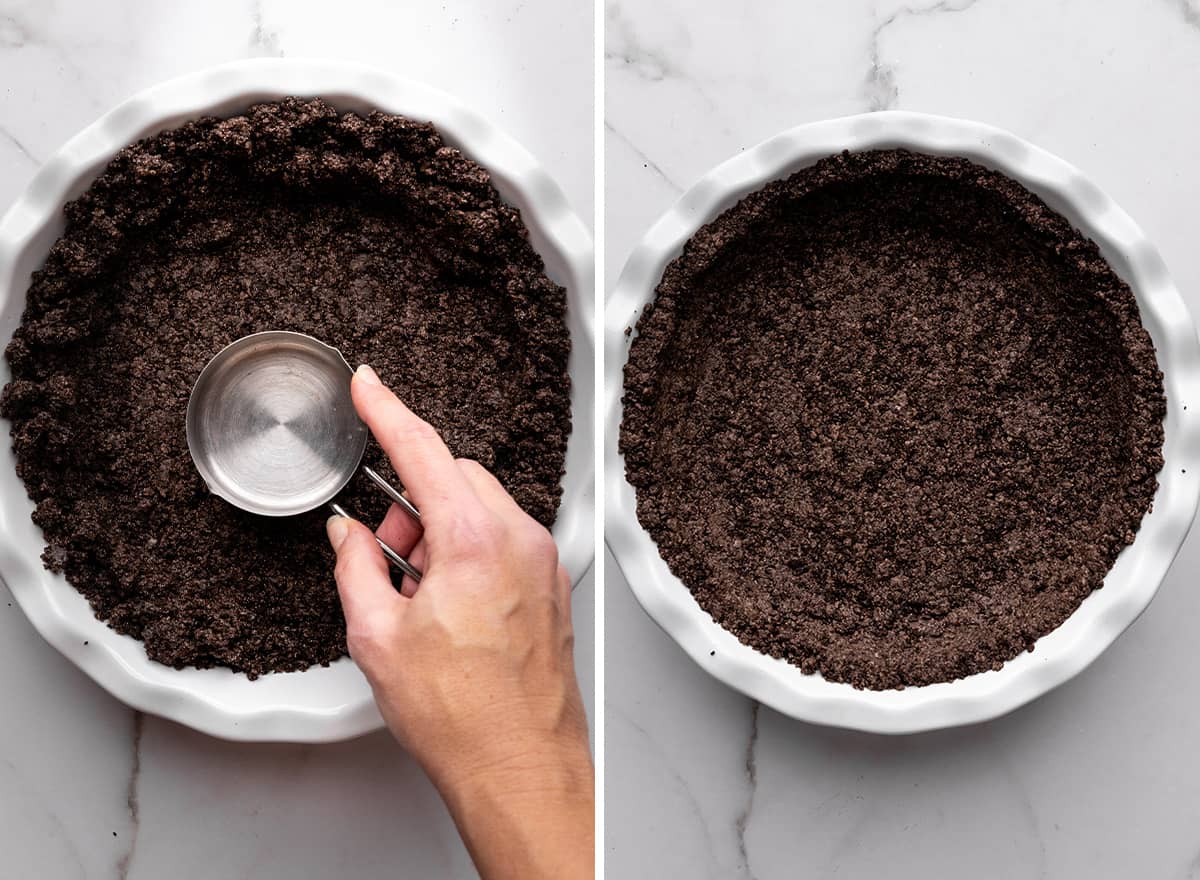 two photos showing how to make the oreo crust for a Chocolate Pudding Pie