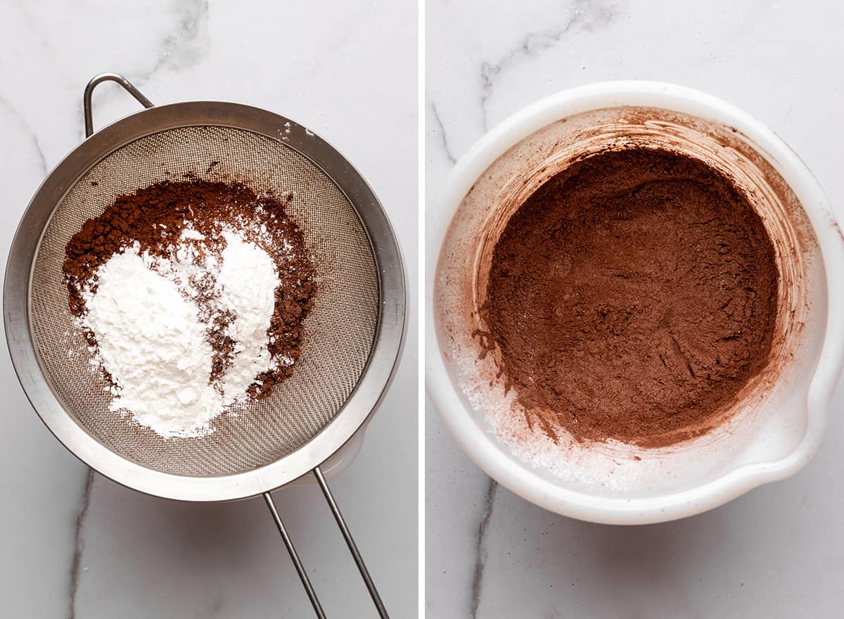 two photos showing how to make chocolate pudding pie - sifting powdered sugar and cocoa powder