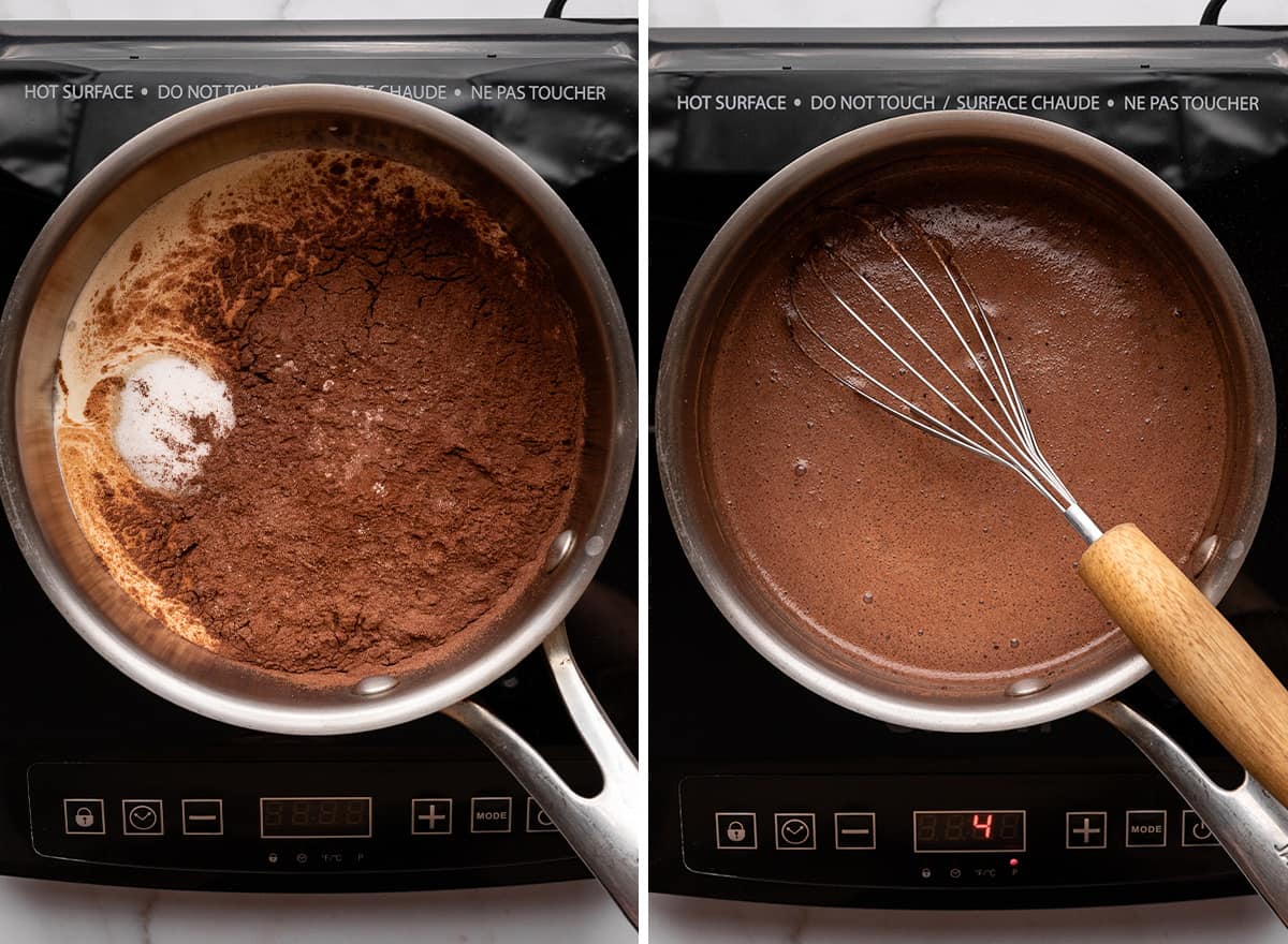 two photos showing how to make chocolate pudding pie - whisking ingredients in a pot on the stovetop 