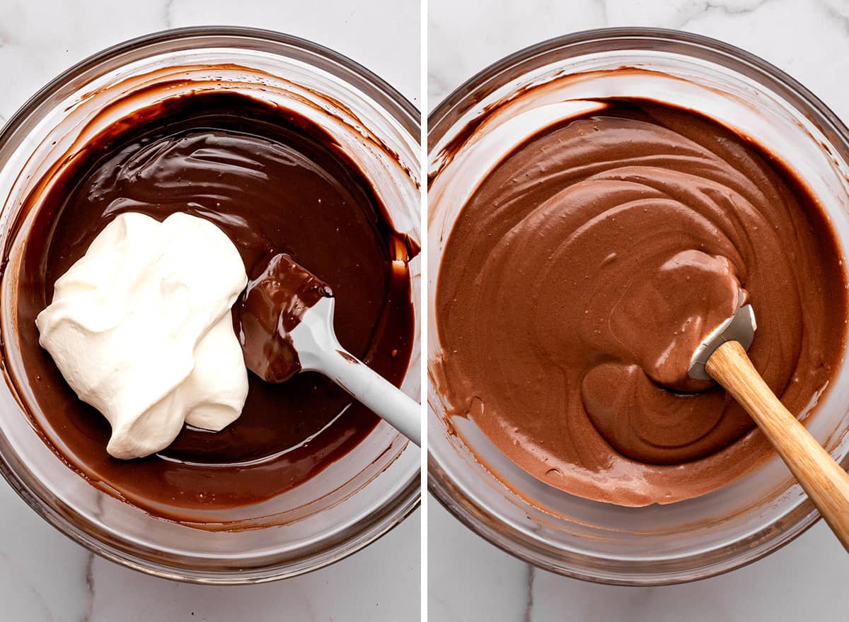 two photos showing how to make chocolate pudding pie -  stirring in whipped cream