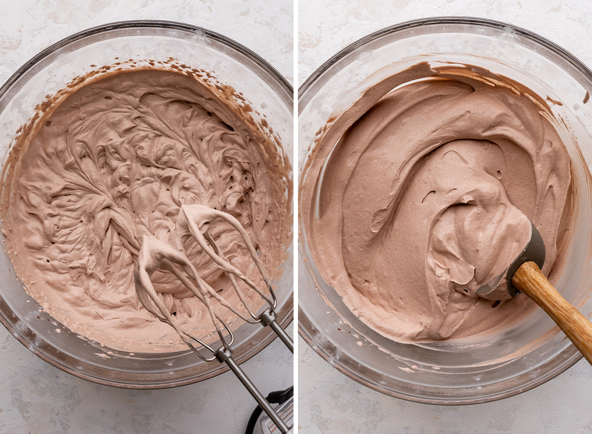 two photos showing Chocolate Whipped Cream being beaten until stiff peaks form 
