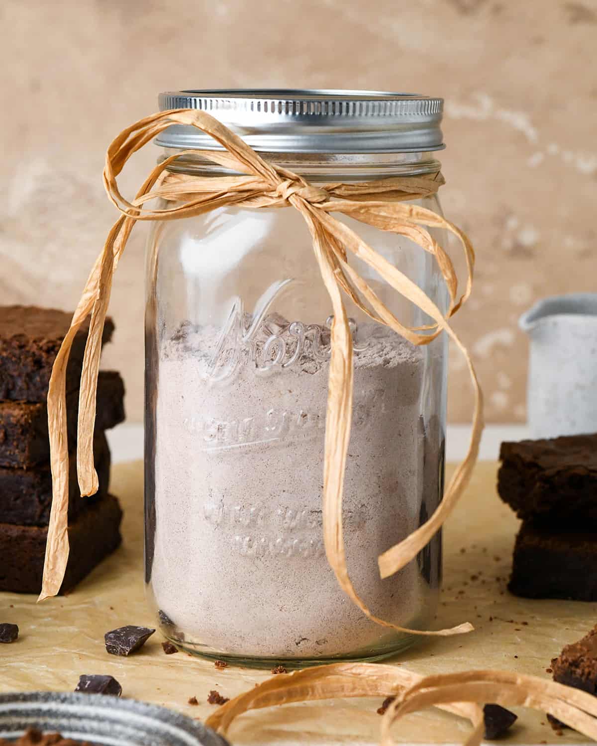 Homemade Brownie Mix in a glass jar with a ribbon