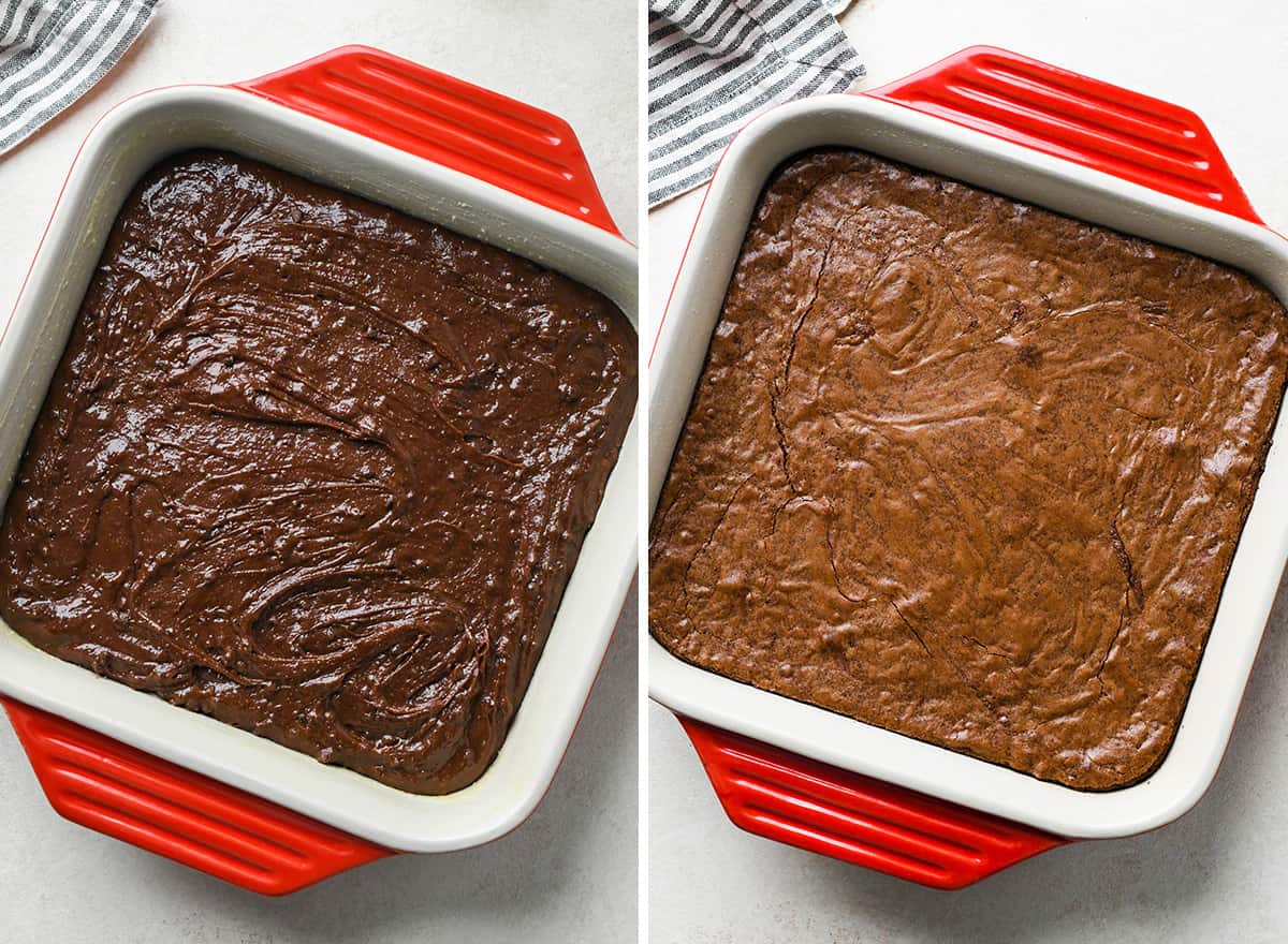 two photos showing brownies in a baking dish before and after baking