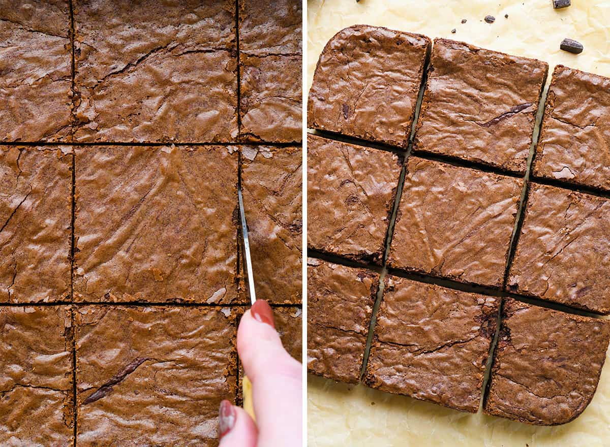 two photos showing a batch of Homemade Brownie Mix brownies being cut into 9 squares