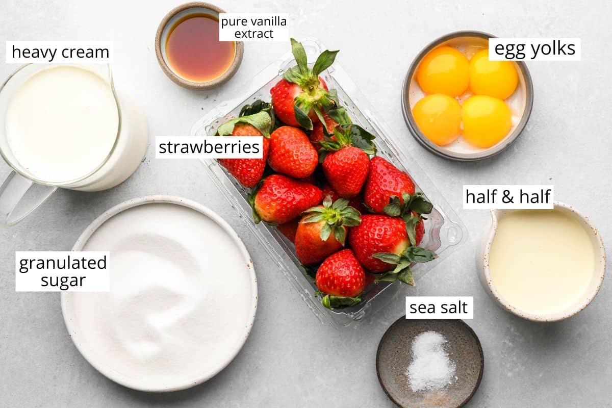 overhead photo of the ingredients in this Strawberry Ice Cream recipe