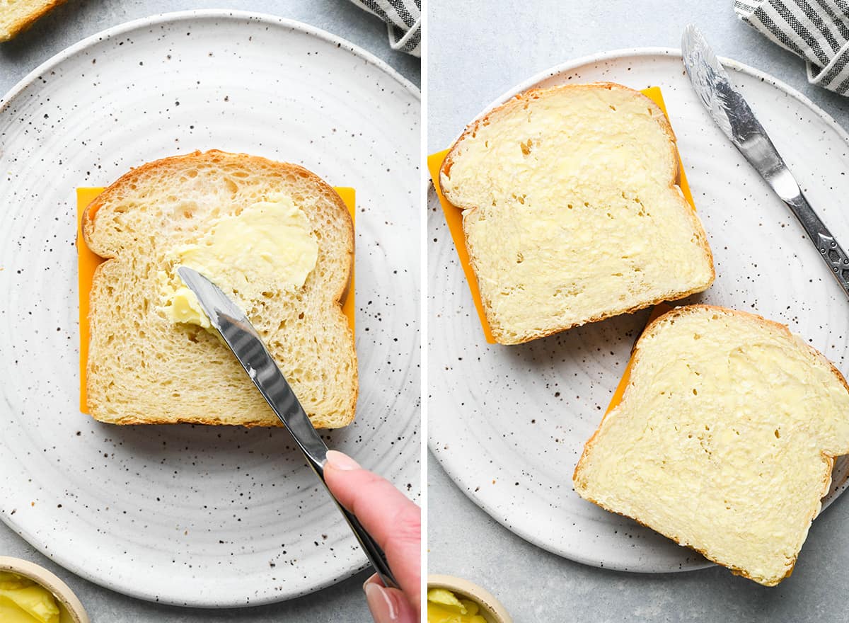 two photos showing How to Make a Grilled Cheese Sandwich - spreading butter on the bread