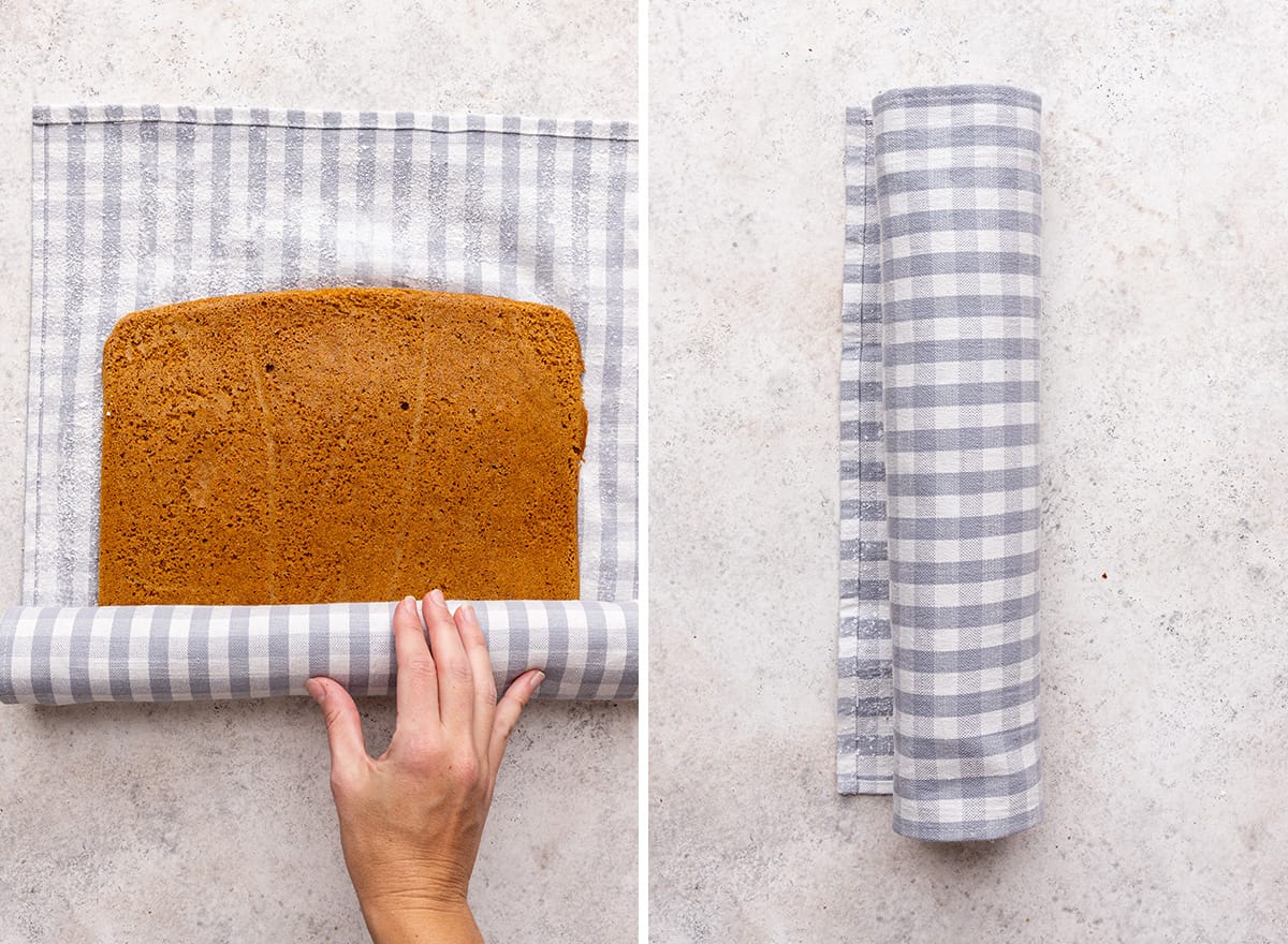 two photos showing how to roll a pumpkin roll cake