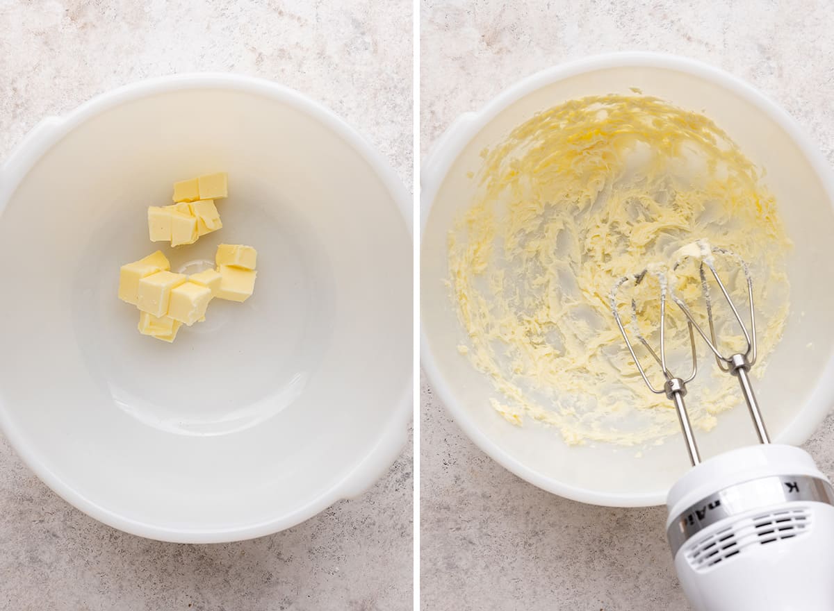 two photos showing how to make the cream cheese filling for a pumpkin roll cake - beating butter
