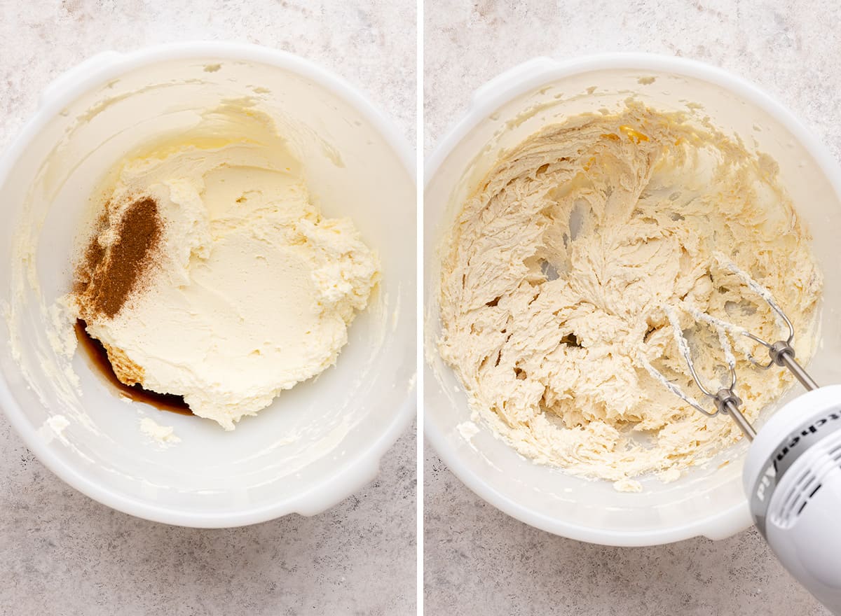 two photos showing how to make the cream cheese filling for a pumpkin roll cake -  adding cinnamon and vanilla