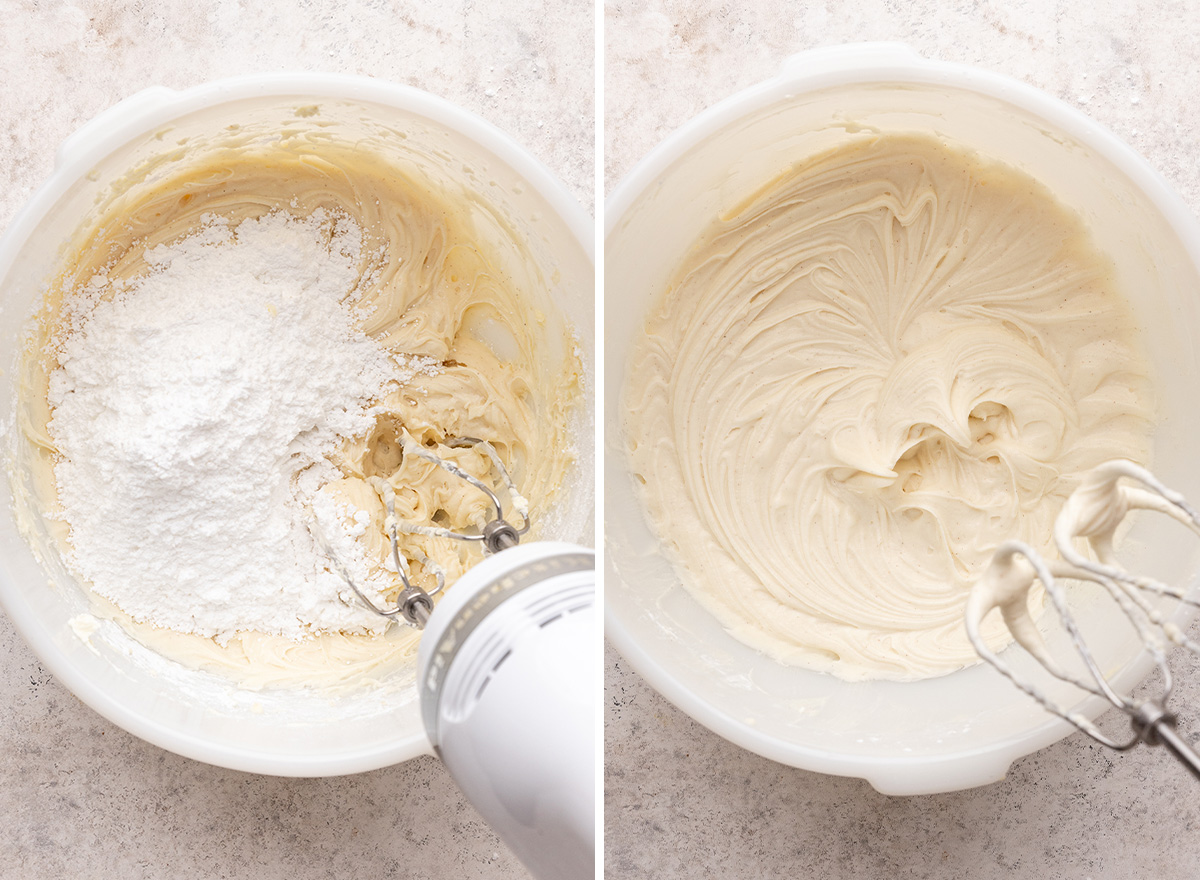 two photos showing how to make the cream cheese filling for a pumpkin roll cake - beating in powdered sugar
