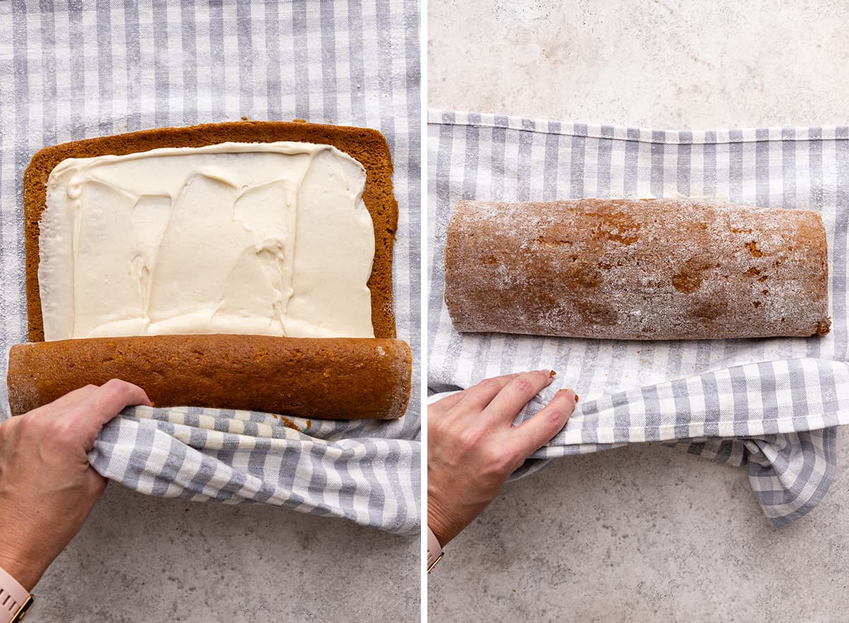 two photos showing how to roll the frosting Pumpkin Roll Cake