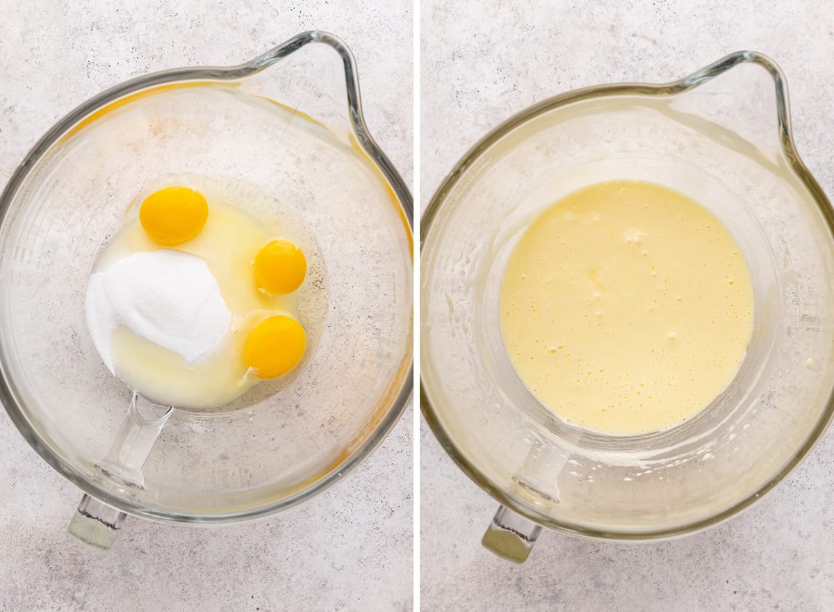 two photos showing How to Make a Pumpkin Roll cake - mixing wet ingredients & sugar